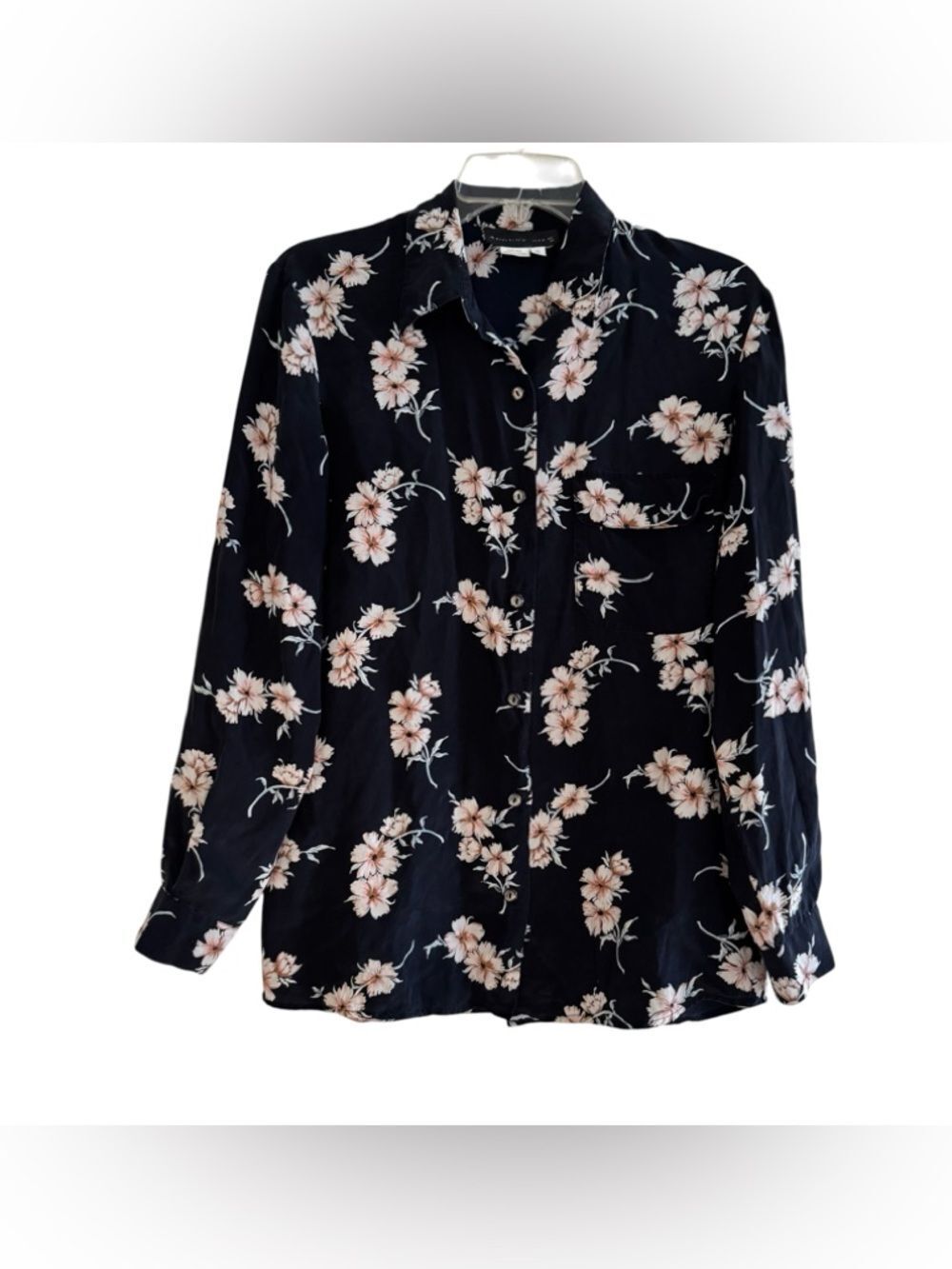 Y2K August Silk Navy Blue Dark 100% Silk Blouse Floral Classic Preppy S